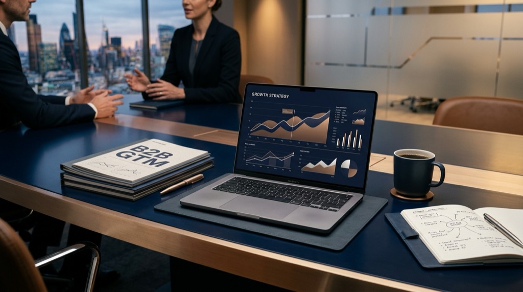 A strategy desk with a laptop, planning materials, and a capital growth chart